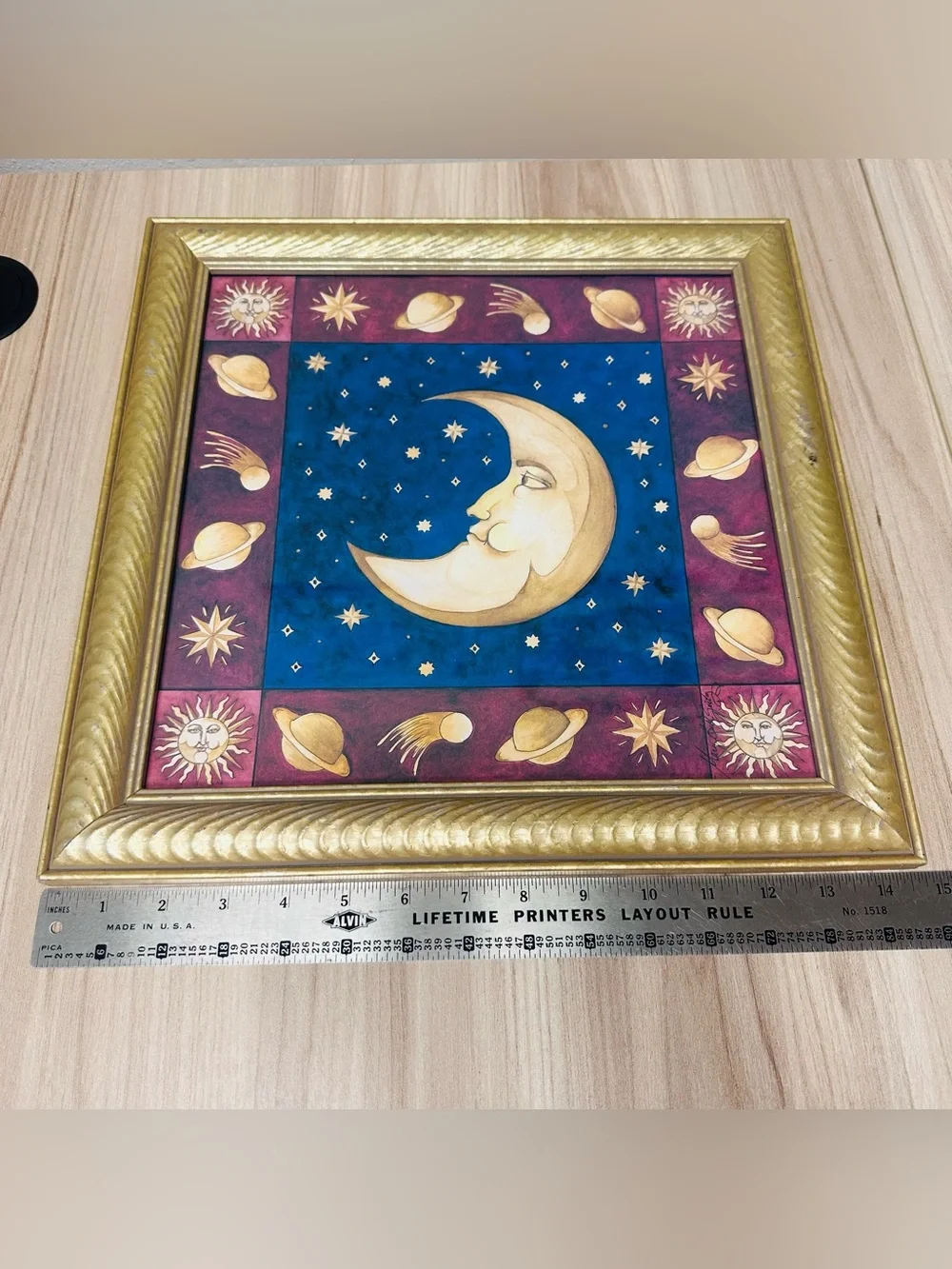 Rare Vintage 90s Mary Beth Zeitz Celestial Moon & Stars Framed Art 14.5 X 14.5